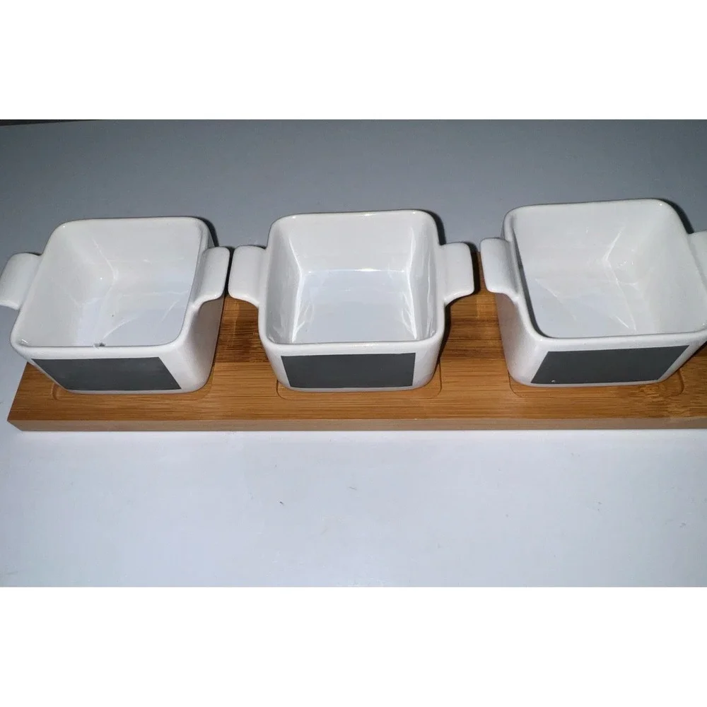 Pier‎ 1 Imports Chalkboard Serving Bowl Set Ceramic Bamboo Wood Tray 2693940